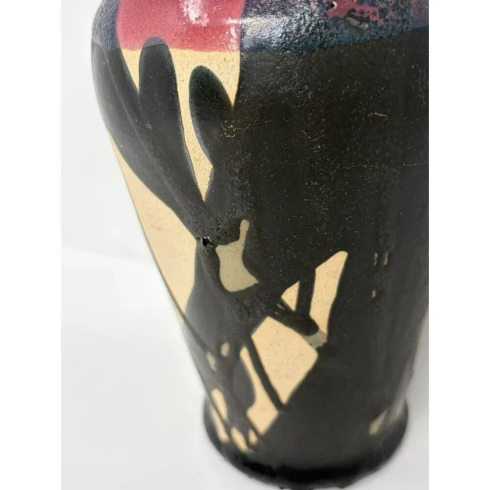 Mid Century Modern Style Art Pottery Vase Black Red Glaze Drip Signed dedicated